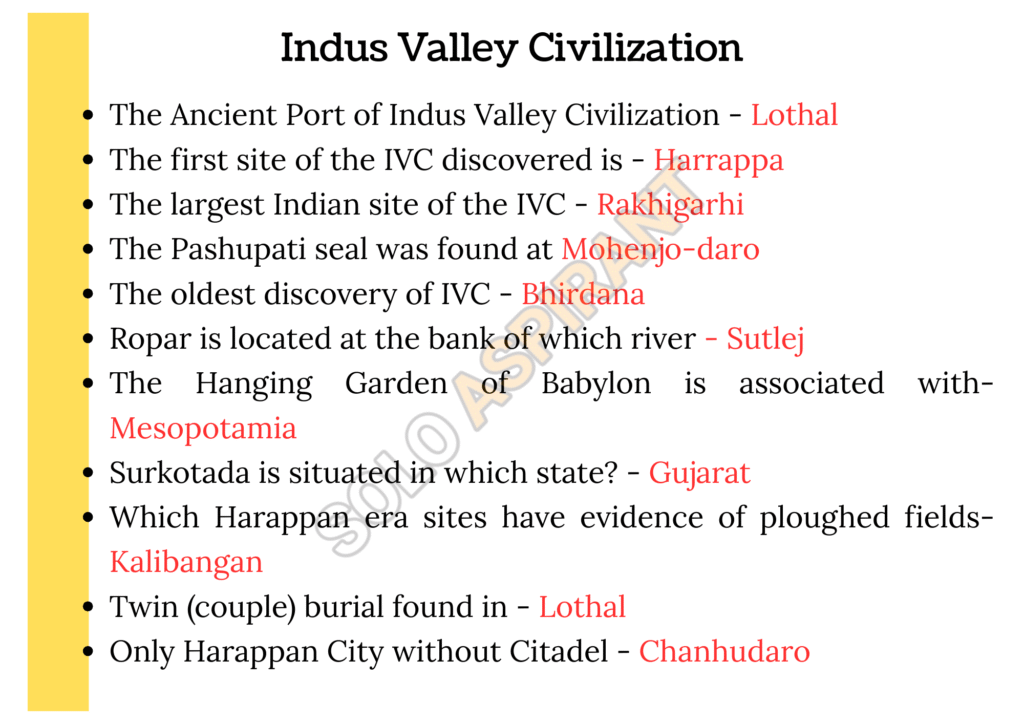 The Ancient Port of Indus Valley Civilization - Lothal
The first site of the IVC discovered is - Harrappa
The largest Indian site of the IVC - Rakhigarhi
The Pashupati seal was found at Mohenjo-daro 
The oldest discovery of IVC - Bhirdana
Ropar is located at the bank of which river - Sutlej
The Hanging Garden of Babylon is associated with- Mesopotamia
Surkotada is situated in which state? - Gujarat
Which Harappan era sites have evidence of ploughed fields- Kalibangan
Twin (couple) burial found in - Lothal
Only Harappan City without Citadel - Chanhudaro
The Ancient Port of Indus Valley Civilization - Lothal
The first site of the IVC discovered is - Harrappa
The largest Indian site of the IVC - Rakhigarhi
The Pashupati seal was found at Mohenjo-daro 
The oldest discovery of IVC - Bhirdana
Ropar is located at the bank of which river - Sutlej
The Hanging Garden of Babylon is associated with- Mesopotamia
Surkotada is situated in which state? - Gujarat
Which Harappan era sites have evidence of ploughed fields- Kalibangan
Twin (couple) burial found in - Lothal
Only Harappan City without Citadel - Chanhudaro